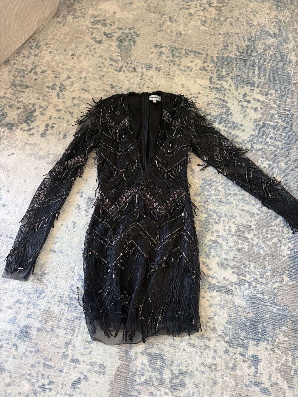 superdown Black Beaded Fringe Long-Sleeve Cocktail Dress